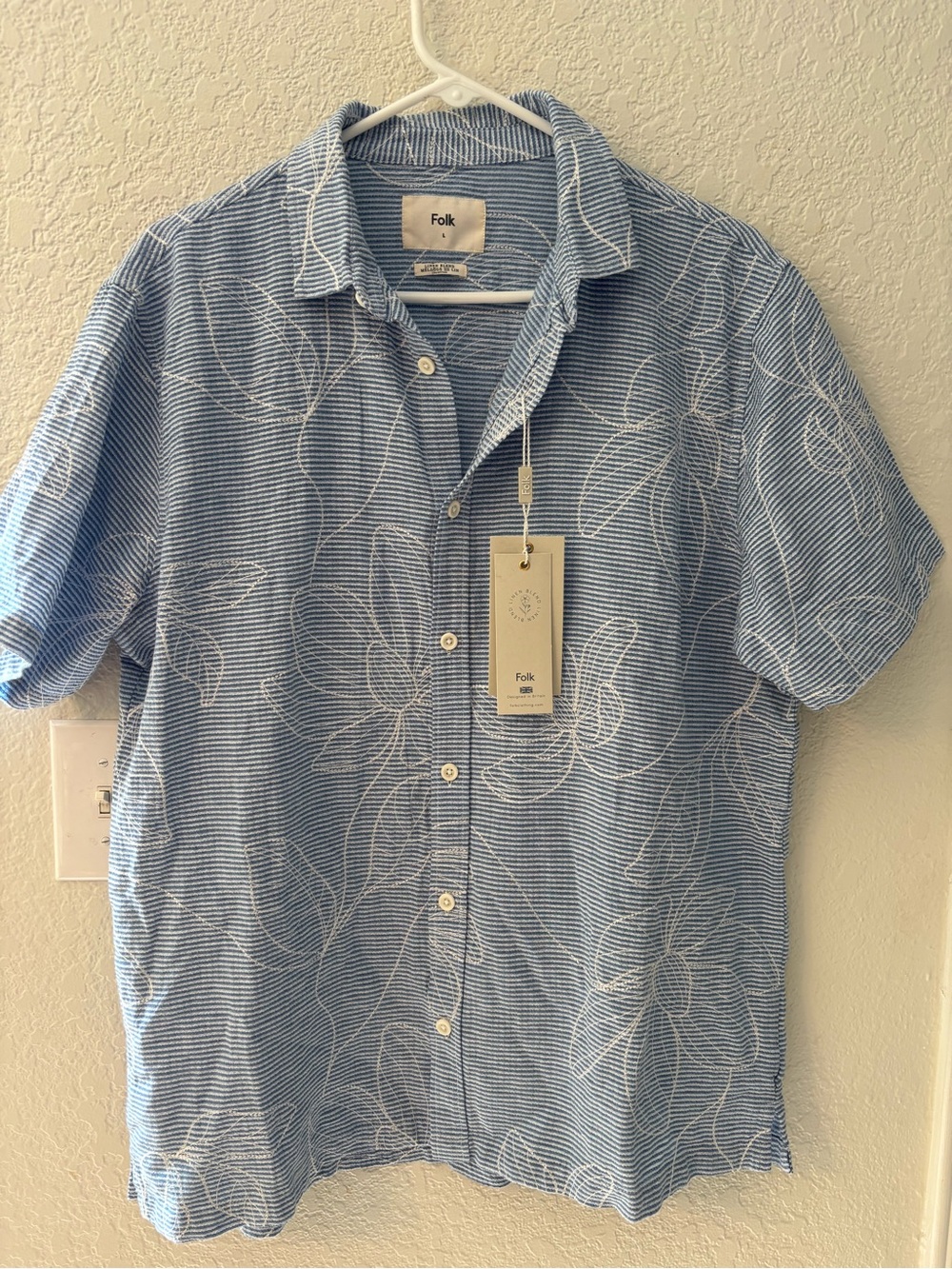 FOLK Blue Striped White Floral Embroidery Resort Camp Collar Shirt Size L NWT